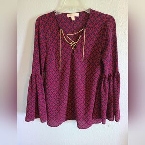 Michael Kors Long Sleeve Red And Navy Long Sleeve Flowy Blouse Size Small